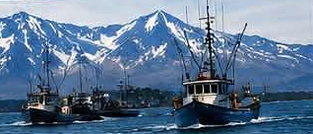 Fishing boats heading out with snow-capped mountains behind